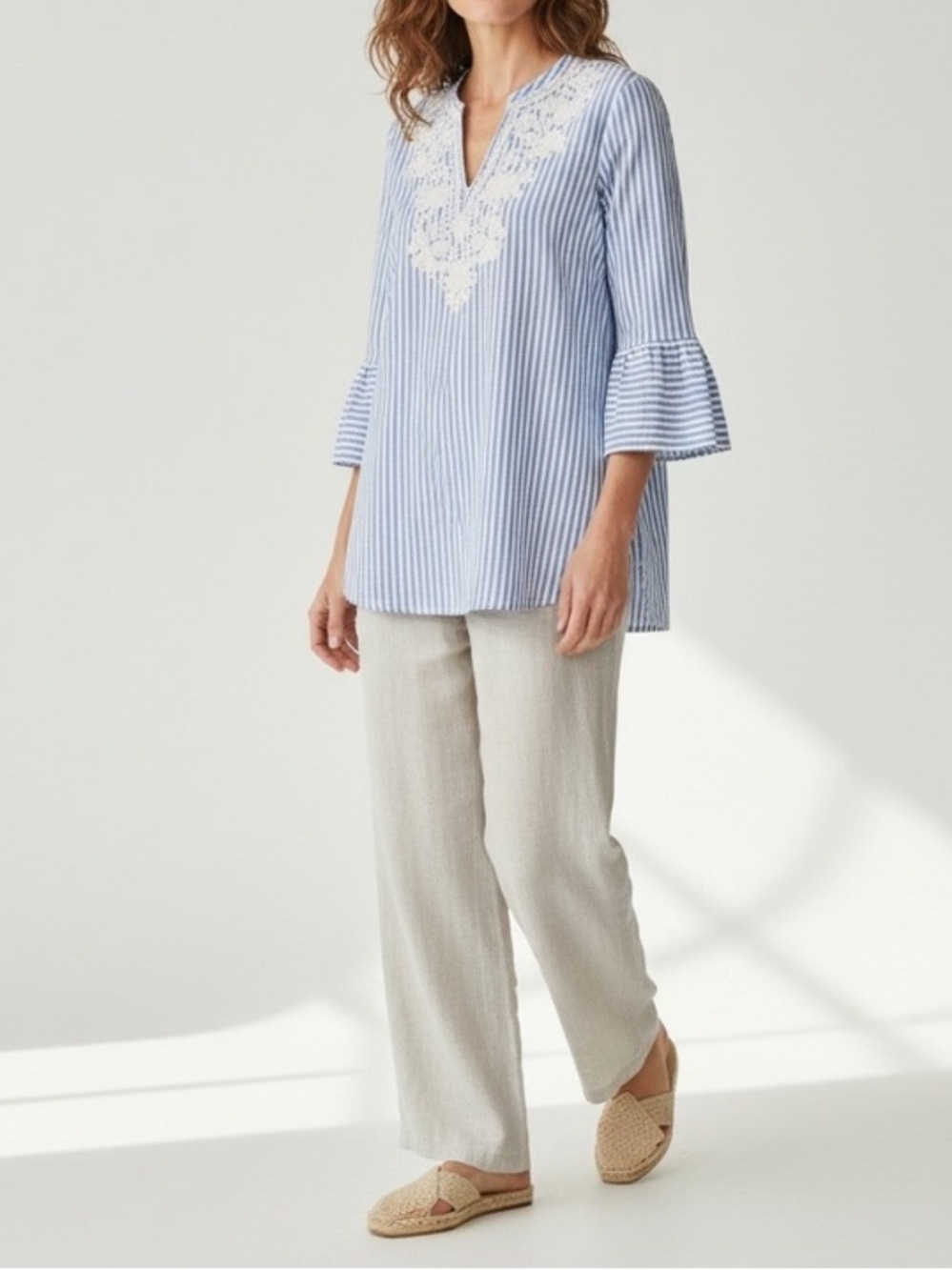 Zac & Rachel Coastal Grandma Striped blue White  Embroidered Tunic Top. X large